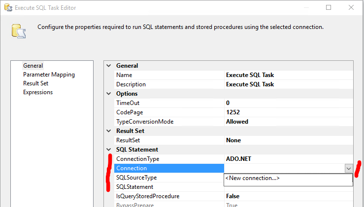 SQL statement task settings