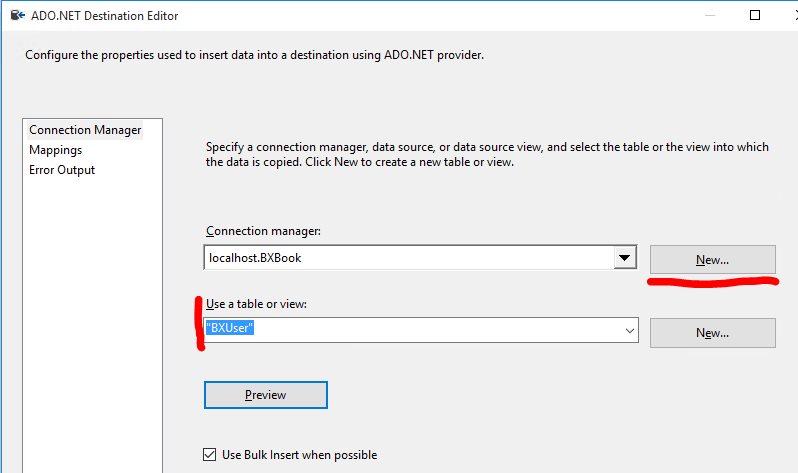 Integration Services ADO NET Destination settings