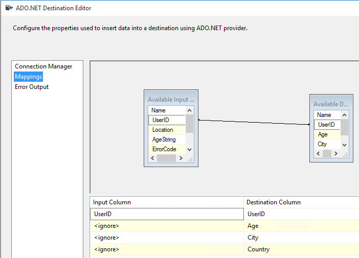 Integration Services database output mapping for transformation errors