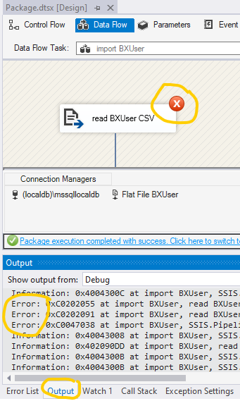 Debug execution of the ETL process