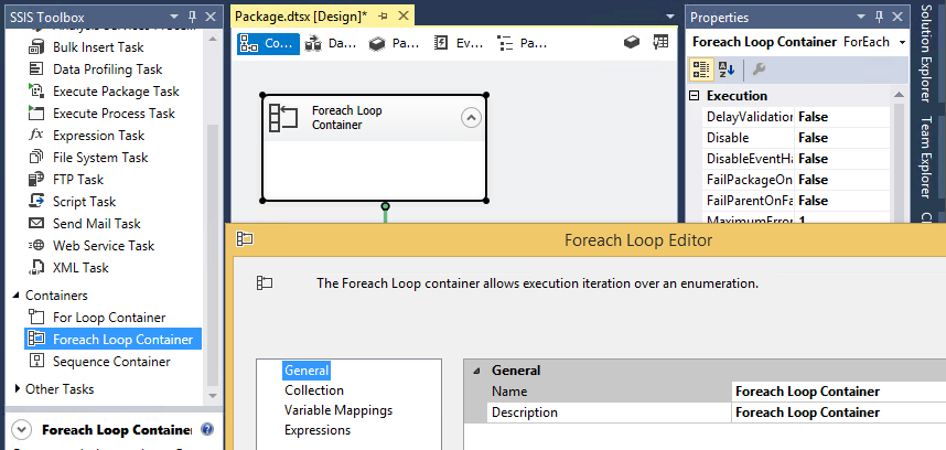 SSIS toolbox and element properties